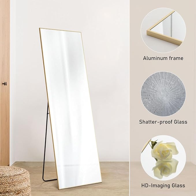 OLIXIS Full Length Mirror with Stand, Full Body Mirror, 58x19 | Hanging or Leaning Wall, Aluminum Alloy Thin Frame, Floor Living Room Bedroom, Long, Gold