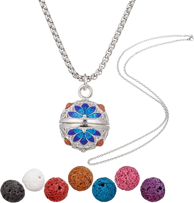 Essential Oil Diffuser Necklace Multi Angel Copper Brass Aromatherapy Pendant Locket with 7pcs Lave Rocks Stone and 2pcs 27 Inch Gold Chain Jewelry for Women TeenGirls