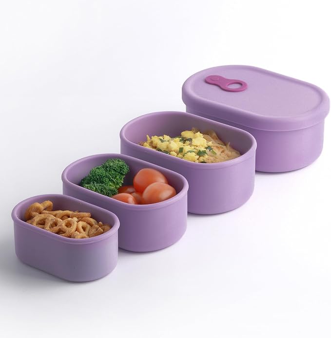 Korean Silicone Food Container with Steam Vent, Violet 4pc | Microwave & Freezer Safe, Leakproof, Airtight, Dishwasher Safe, BPA Free