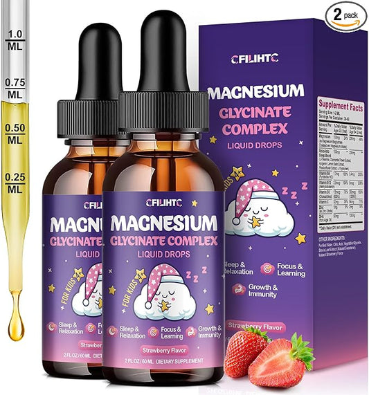 2 Pack Magnesium Glycinate Liquid for Kids - Magnesium Bisglycinate Drops with L-Theanine, Chamomile & Vitamin B6, B12, C, D3 for Sleep, Relaxation, Immune Support, Calm & Focus - 4 Fl Oz, Strawberry