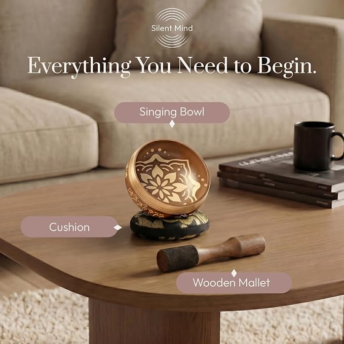 Silent Mind Tibetan Singing Bowl Set – Easy to Play & Beginner Friendly Meditation Bowl with Cushion & Mallet | Stress Relief & Mindfulness | Gift-Ready