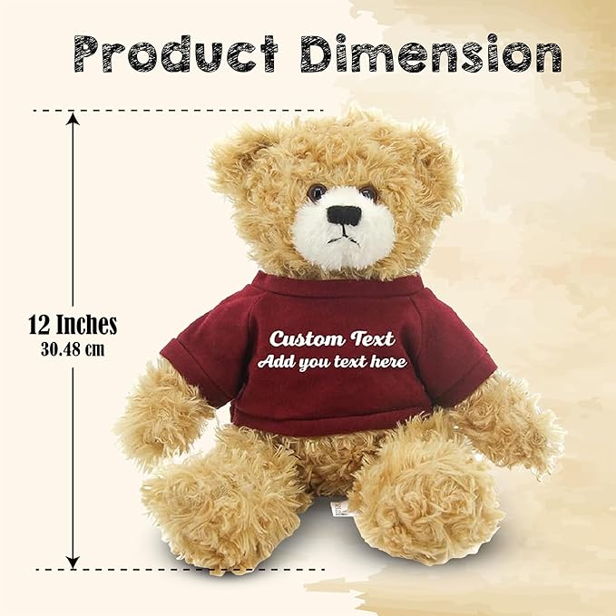 Customized Beige Brandon Bear - 12 inch Personalized Stuffed Bear Plush Toy - Perfect Custom Shirt Bear Gift for Graduation Valentines Graduation Easter Holidays (Mehroon Shirt)