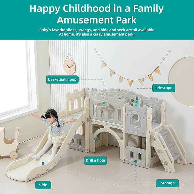 8 in 1 Toddler Slide, Castle-Themed Indoor Outdoor Playground for Toddlers Age 1+ with Extra-Long Slide, Basketball Hoop and Ball, Telescope, Tunnel, Storage Space, Baby Climber Playset, Grey