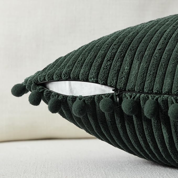 Fancy Homi Pack of 2 Dark Green Decorative Throw Pillow Covers 26x16 Inch with Pom-poms for Couch Bed Living Room, Soft Corduroy Solid Square Cushion Case 66x66 cm, Farmhouse Boho Home Decor