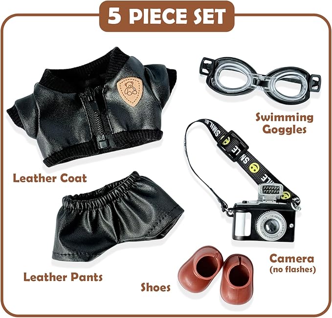 5-Piece Clothes for 17cm Popular Dolls, Fashion Doll Outfit Accessories Set-Leather Coat + Leather Pants + Swimming Goggles + Camera + Shoes