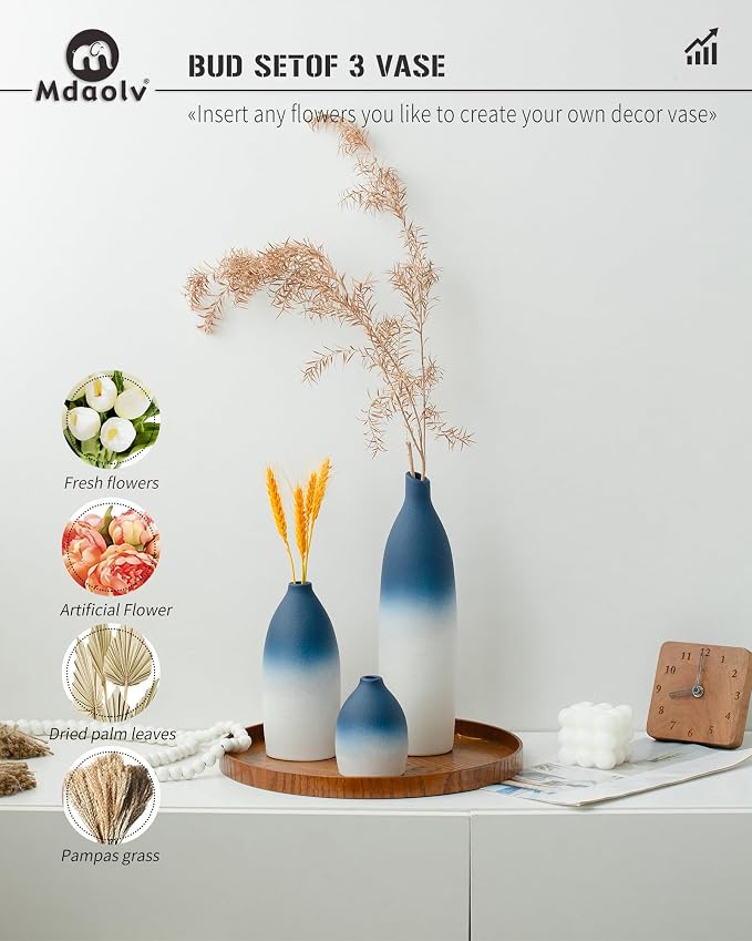 Mdaolv Blue and White Vase Set Navy Blue Decor Coastal Decor Vases for Kitchen Island Living Room Office Table Fireplace Mantle Decorations & Bathroom Shelf Decor Centerpiece Table Decorations Ceramic