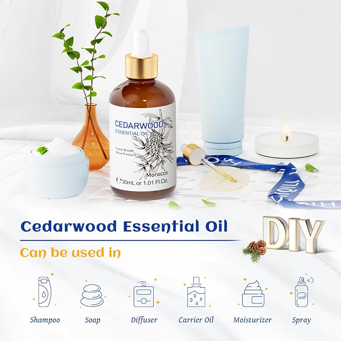 HIQILI 1 Fl Oz Cedarwood Essential Oil, Cedarwood Oil for Hair, Diffuser, Aromatherapy - 30ML | For Massage Skin Care Soap Bath Bombs Lotions Boost Scalp Circulation Reduce Hair Loss Fade Acne Marks - 30mL / 1.01 fl.oz