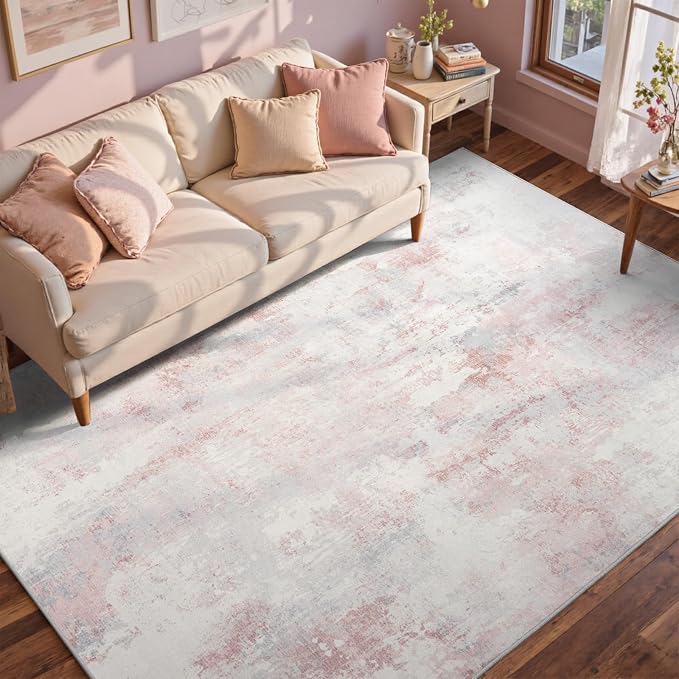 4x6 Ft Area Rugs for Living Room, Soft Non-Slip Washable Rugs Modern Abstract Pattern Carpet for Bedroom Indoor Floor Nursery Home Decor (Pink)