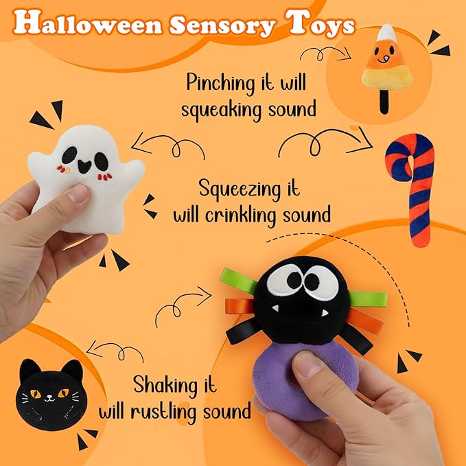 My First Halloween Baby Toys, Cute Pumpkin Stuffed Animal with Ghost Spider Black Cat Candy Corn Plush Toys for Baby Boys Girls, Halloween Plush Gifts Basket Party Favors for Kids Babies Toddlers