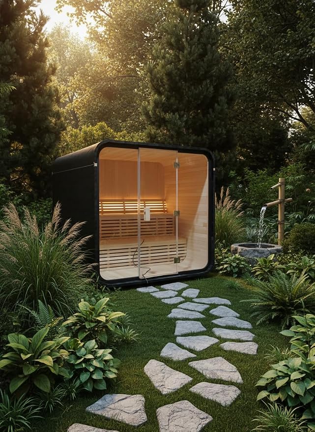 Outdoor Cube Sauna Rooms,4-6person Canadian Cedar Steam Saunas,83Lx71Wx83H inch Panoramic Large Space,6KW 220V Electric Stove Durable,Easy to Install