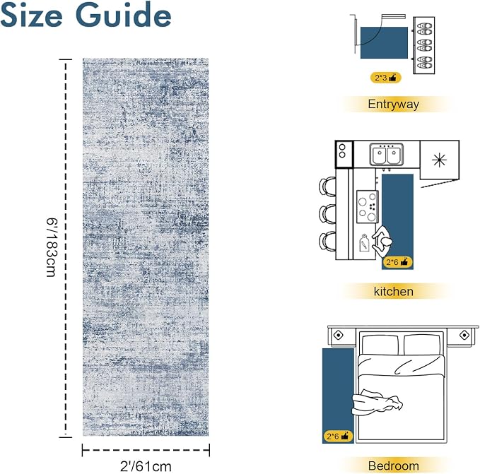 2x6 Ft Washable Runner Rug, Non-Slip Low Pile Hallway Kitchen Area Rug, Soft Abstract Long Entryway Floor Mat Print Pattern Carpet for Bedside & High-Traffic Areas (Blue)