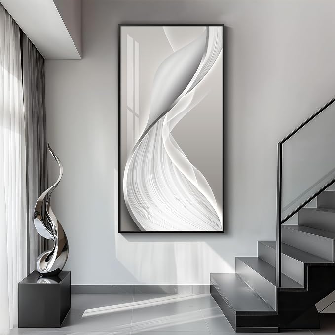 Large Framed Modern Abstract Vertical Wall Art for Living Room, Bright Style Luxury Prints Paintings Artwork for Walls, Minimalist Silver Gray Pictures for Hallway Entryway Foyer Stair Office Wall Decor 30x60 In