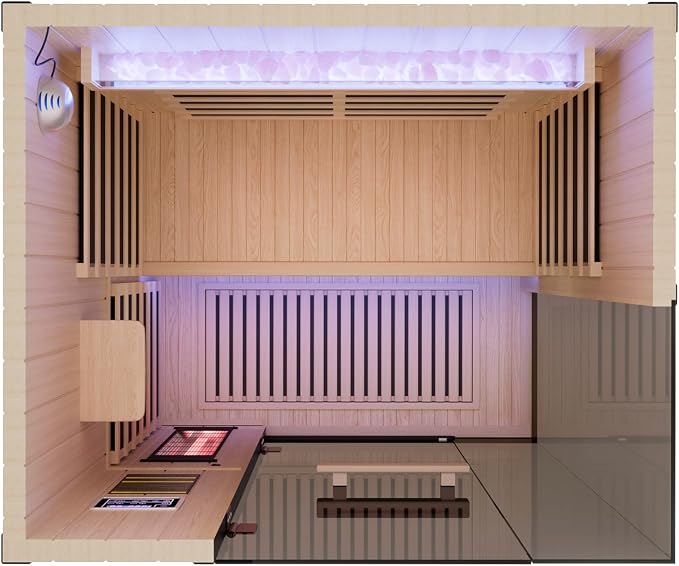 2-Person FAR Infrared Sauna for Home & Gym, Himalayan Salt Rocks Plus 12" * 12" Red Light Therapy & 2 Speakers, 1990W Canadian Hemlock Wood Indoor Dry Spa