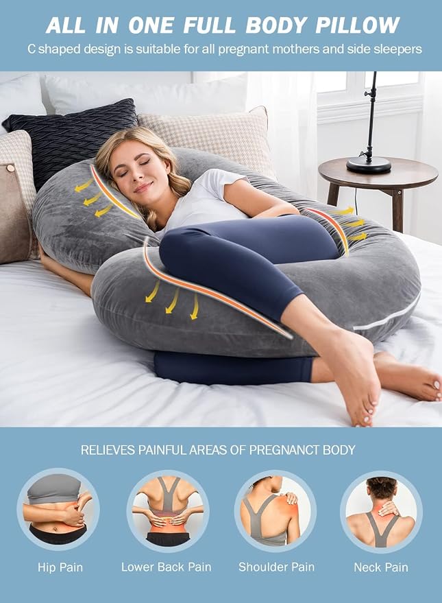 INSEN Pregnancy Pillow for Sleeping, Maternity Pillow with Jersey Cotton Cover,C Shaped Body Pillow for Pregnant (Gray)