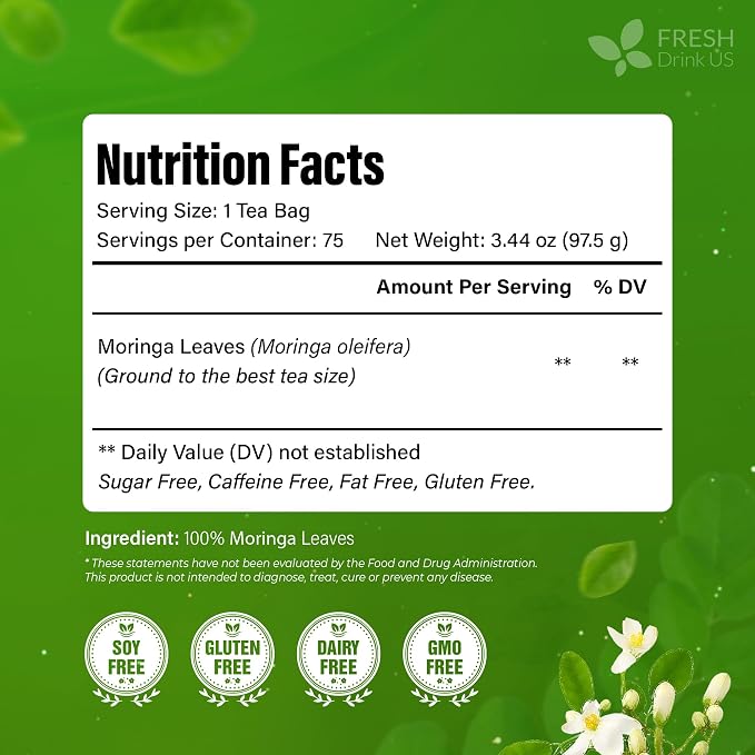 FreshDrinkUS, Premium 135 Moringa Tea Bags, 100% Natural & Pure, Herbal Tea, Made with Natural Materials-Corn Fiber Tea Bags, Sugar/Gluten Free. Rich in Antioxidants and Vitamins.