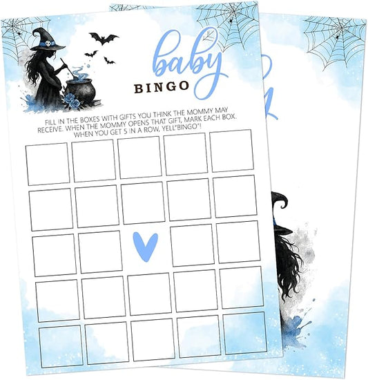 Hilarious Baby Shower Games, 25 Sets Halloween Baby Bingo Game, Blue Witch Gender Reveal Game Cards for Party Announcement Supplies - B03