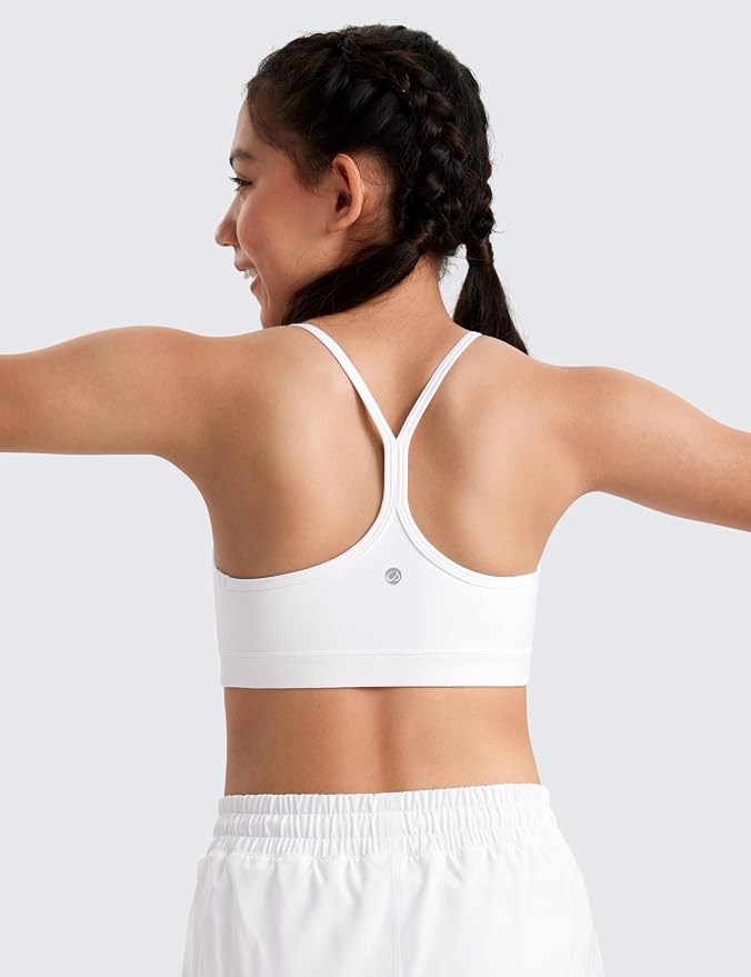 CRZ YOGA Girls Butterluxe Y Back Sports Bra - Yoga Athletic Casual Tops Scoop Neck Spaghetti Strap Padded Crop Kids Teen