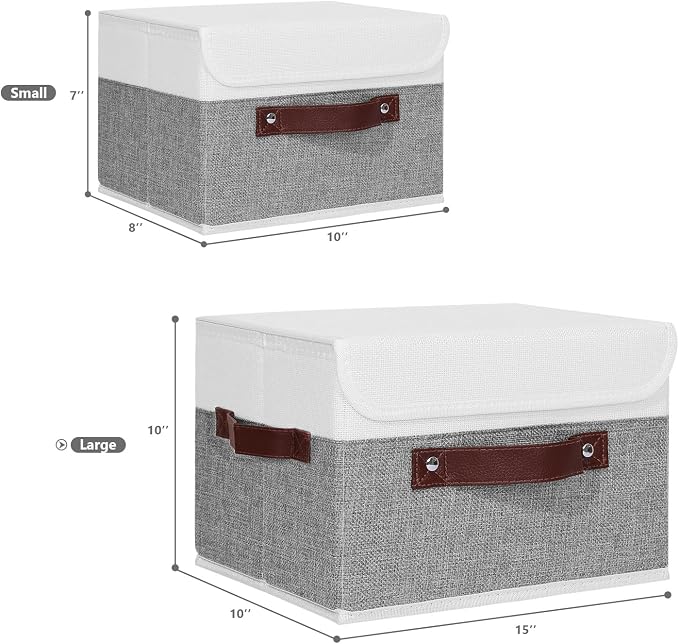ANMINY Fabric Storage Box Bins with Lids, Gray White, 15"x10"x10" | Keepsake Memory Storage, Cotton Linen, PP Board Reinforced, Washable, PU Handles, Foldable & Stackable, Decorative, Large