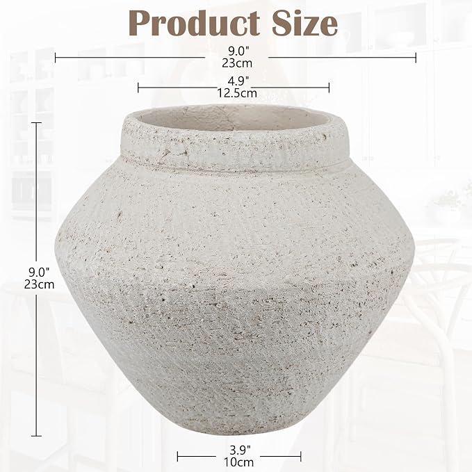 Briful Rustic Ceramic Vase Large Decorative Vase, 9'' Farmhouse Flower Vase | Vintage Texture Style Vase for Faux Floral, Table Centerpiece, Living Room, Shelf, Kitchen Counter, Entryway Decor, Beige