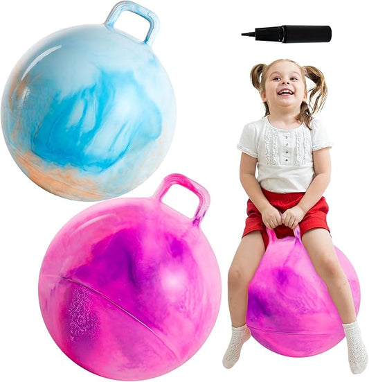 Upper Rider 2 Pack 20 Inch Clouds Hopper Ball for Kids Ages 6-12, Oversized Tie Dye Bouncy Balls with Handle, Blue Orange & Purple Pink Jumping Balls, Inflatable Ride-On Toys with Pump and Gift Boxes