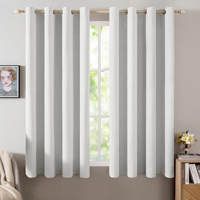 MIULEE Linen Textured Curtains for Bedroom Solid 100% Blackout Thermal Insulated Heathered White Grommet Room Darkening Curtains & Drapes Luxury Decor for Living Room 52 x 63 Inch (2 Panels)
