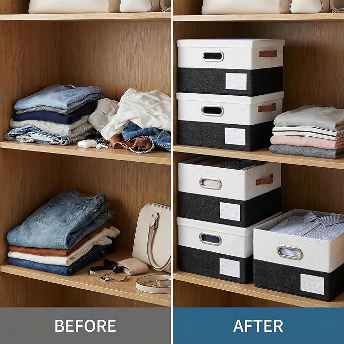 Storage Bins with Lids [3-Pack] Linen Fabric Foldable Storage Boxes Organizer Containers Baskets Cube with Cover for Bedroom Closet Office Black & White（11.4X8.6X6.7