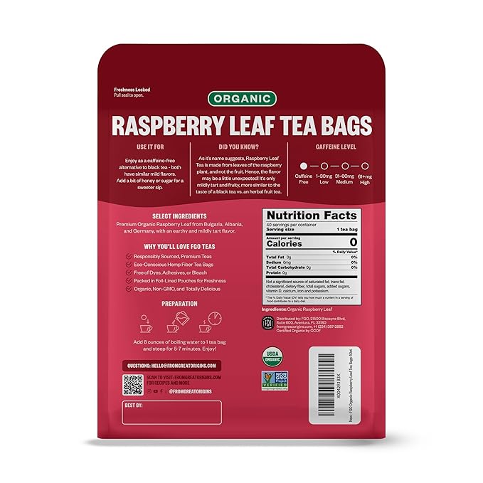 FGO Organic Red Raspberry Loose Leaf Herbal Tea, Cut and Sifted, Caffeine Free, 16oz Bulk Resealable Pouch, Packaging May Vary (Pack of 1)