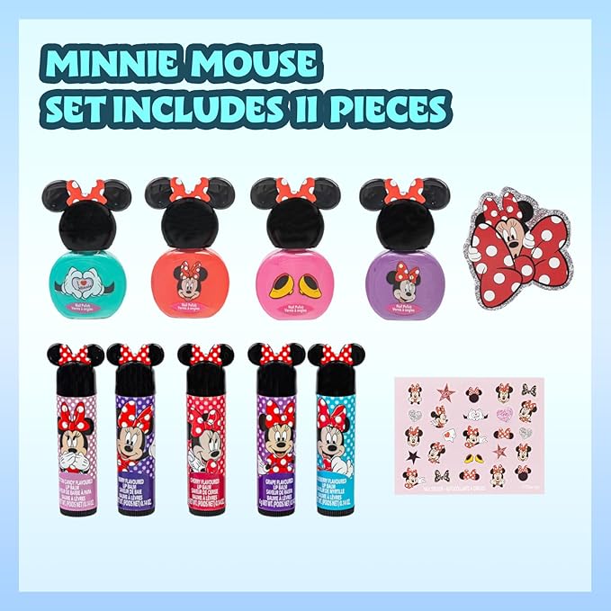 Disney Minnie Mouse Sparkly Cosmetic Makeup Set for Girls with Lip Balm Nail Polish Nail Stickers-35 Pcs|Perfect for Parties Sleepovers Makeovers|Birthday Gift for Girls by Townley Girl