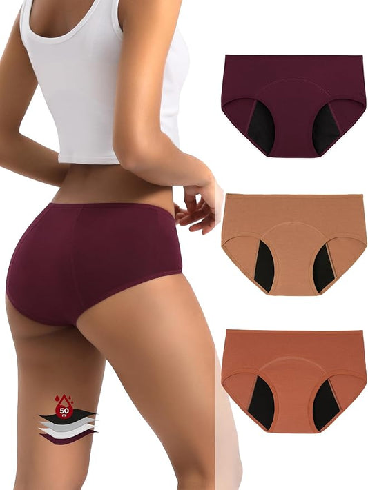 INNERSY Period Underwear for Women Teens Leak-Proof Menstrual Cotton Protective Hipster Panties 3-Pack