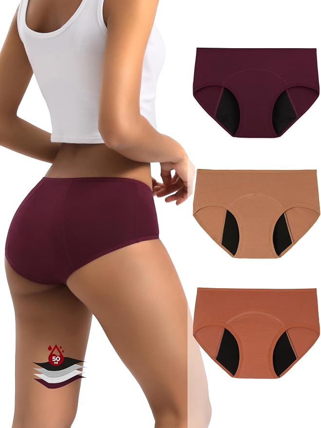 INNERSY Period Underwear for Women Teens Leak-Proof Menstrual Cotton Protective Hipster Panties 3-Pack