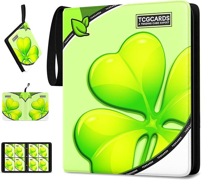 Trading Card Binder 4 Pocket,400 Pocket Card Collection Binder with 50 Removable Sleeves,PU Waterproof Top Card Book,3-Ring Zipper Collectible Trading Card Album for MTG/TCG/Card Holder Gift（(Leaf）