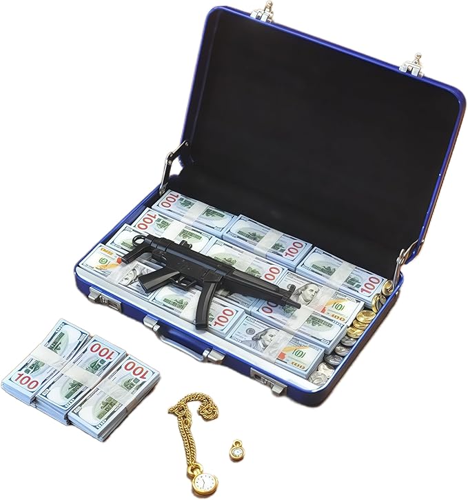 1:6 Scale Miniature Briefcase Set - Includes Fake Gold Bars, Bundles of $100 Mini Dollar Bills, Vintage Coins and Mini Weapons - Unique Adult NoveltyToy & Dollhouse Accessories (Blue)