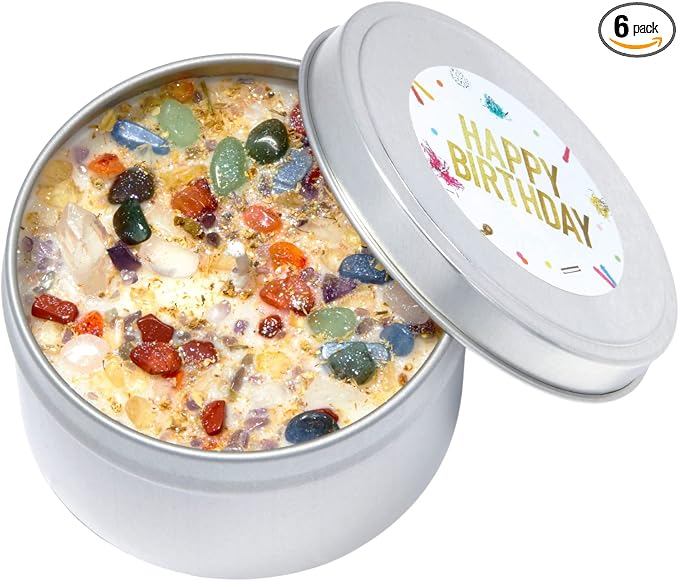Happy Birthday Candle by New Moon Beginnings - Intention & Manifestation - Birthday Wish Candle - Crystal & Herb Candles - Aromatherapy Candles - Soy Candle, 8 Ounce Round Tin