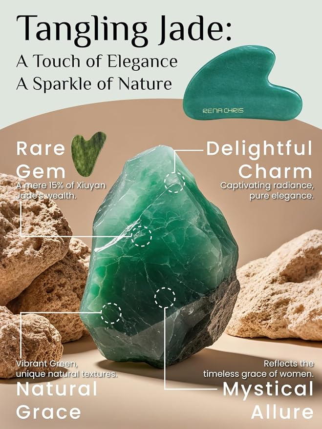 Rena Chris Gua Sha Facial Tools: Jade Stone Guasha Tool for Face Acupuncture Therapy, Facial Massager for Jawline Sculpting and Puffiness Reducing (Green)