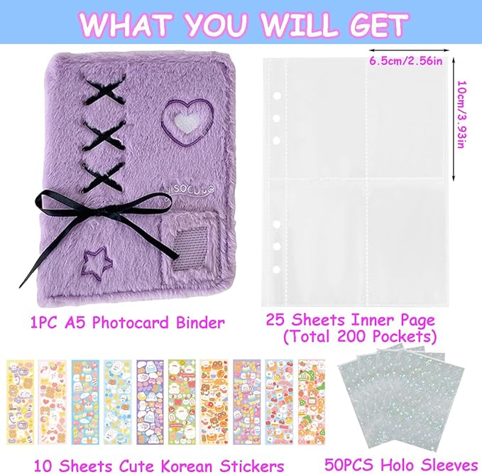Kpop Photocard Binder A5 Kpop Photocard Holder Book with 50pc Holographic Photocard Sleeves&10 Korean Stickers, 6 Ring A5 Binder Photocard Album 25 Inner Pages with 200 Pocket(Purpleplush)