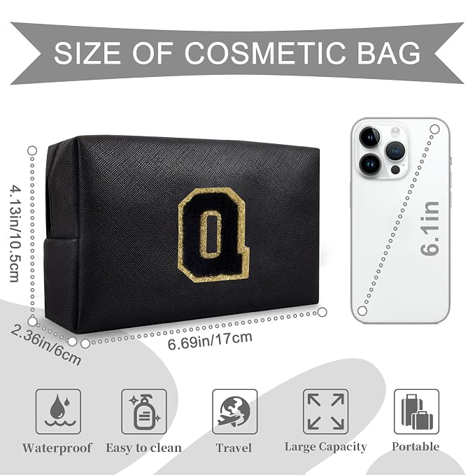 Personalized Initial A-Z Preppy Patch Makeup Bag,Small PU Chenille Letter Cosmetic Bag with Zipper for Teen Girls,Black Cute Toiletry Organizer Bag,Monogram Makeup Case Gift for Women Girls,Letter Q