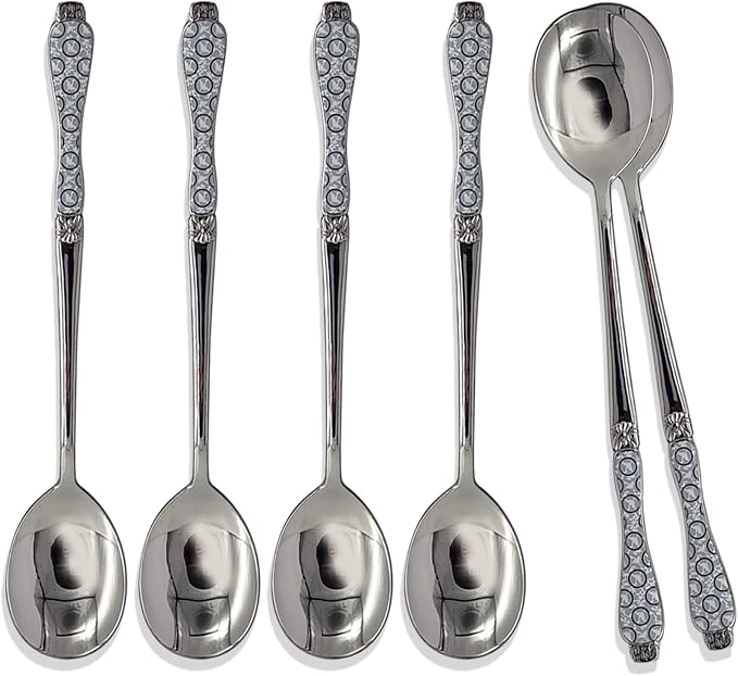 Korean Style Soup Spoons - 6 Pcs, 8.5 Inch Premium Stainless Steel Dessert & Dinner Spoons, Goryeo Celadon, White