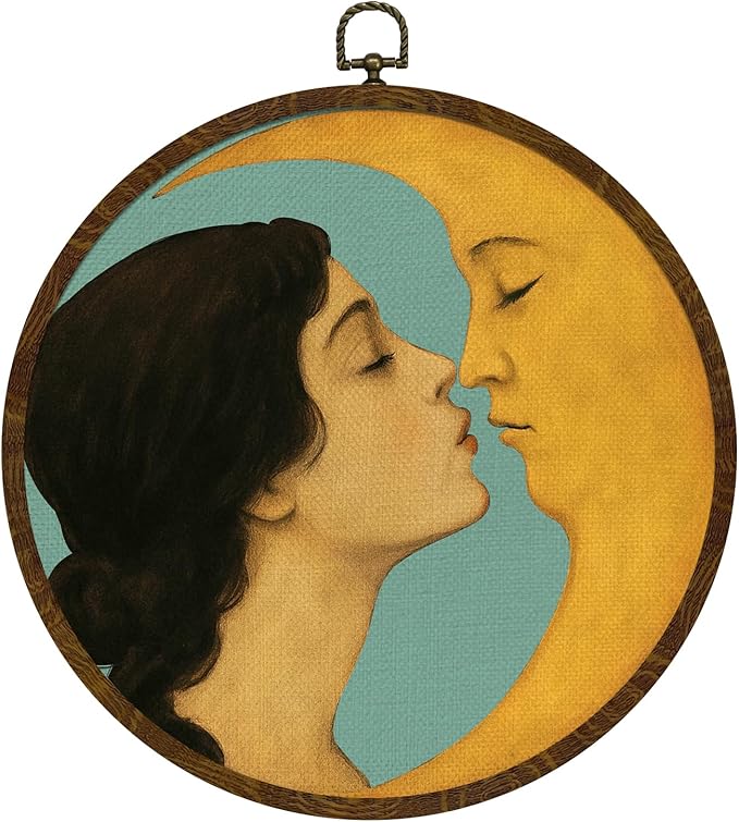 Retro Celestial Decor,Romantic Moon and Young Girl Round Wall Art,Vintage-Inspired Celestial Canvas Print, Surreal Moon and Woman Hanging Decor for Bedroom, Gallery Wall, or Dreamy Space 10''x10''(Green)