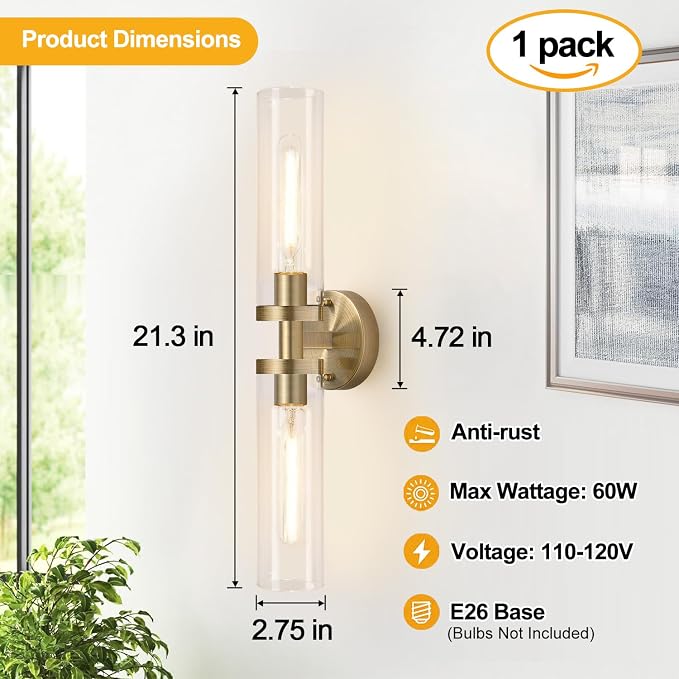Indoi Brass Wall Sconces, Hardwired Bathroom Sconces Wall Lighting with Clear Glass, Modern Bathroom Vanity Lights fixtures for Mirror Bedroom Living Room Hallway Kitchen