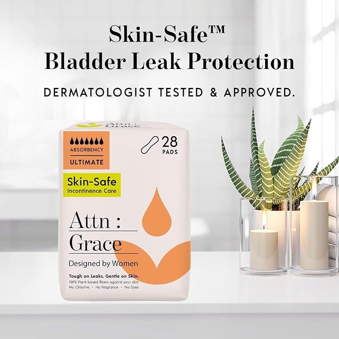 Attn: Grace Ultimate Incontinence Pads for Women, 2-Pack (56 Pads Total / 28 per Pack) - Plant-Based, High Absorbency, Breathable - Overnight Pads for Heavy Bladder Leaks & Sensitive Skin
