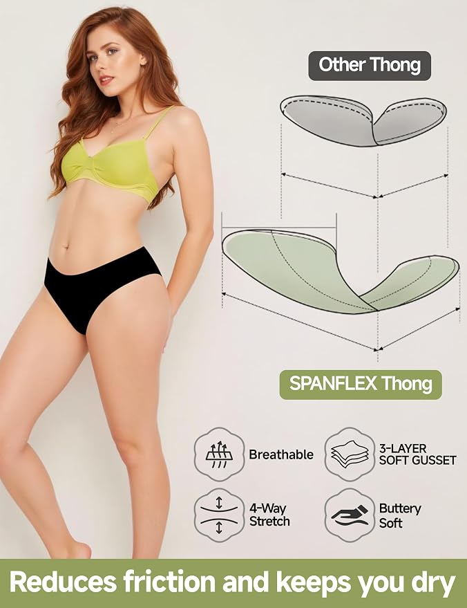 Seamless Thongs for Women No Show G-String Thong Breathable Cotton Panty Liners Underwear for Yoga Workout Gym