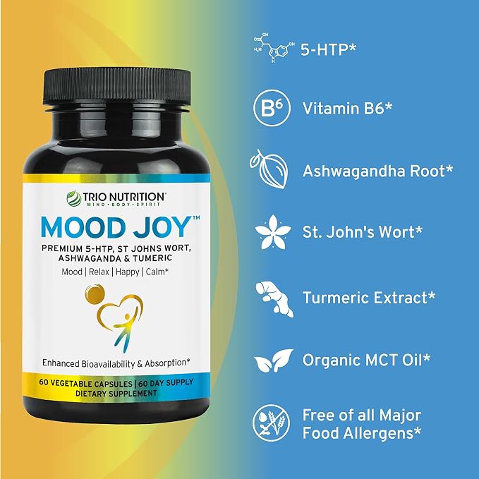 Trio Mood Joy | Premium 5-HTP, St Johns Wort, Ashwagandha & Turmeric | Ashwagandha Capsules to Promote Natural Calm & Relaxed Mood | Mood Support Supplement | 60 Day Supply*