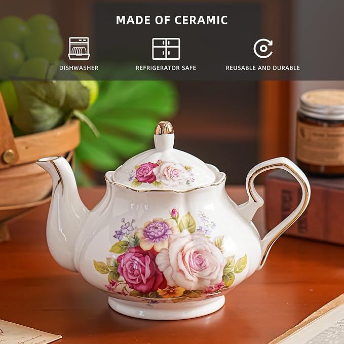 Agyiuns Flower Ceramic Teapot,22oz Porcelain Tea pot for Tea Coffee Milk for Office Home Men Women as Gift (Rose)