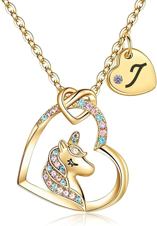 Valentines Day Gifts for Kids Girls - Unicorn Necklace for Girls with Initial Heart Pendant & Gift Box, 18K Gold Fashion Kids Jewelry, Colorful Heart Necklace for Birthdays & Costume Parties.