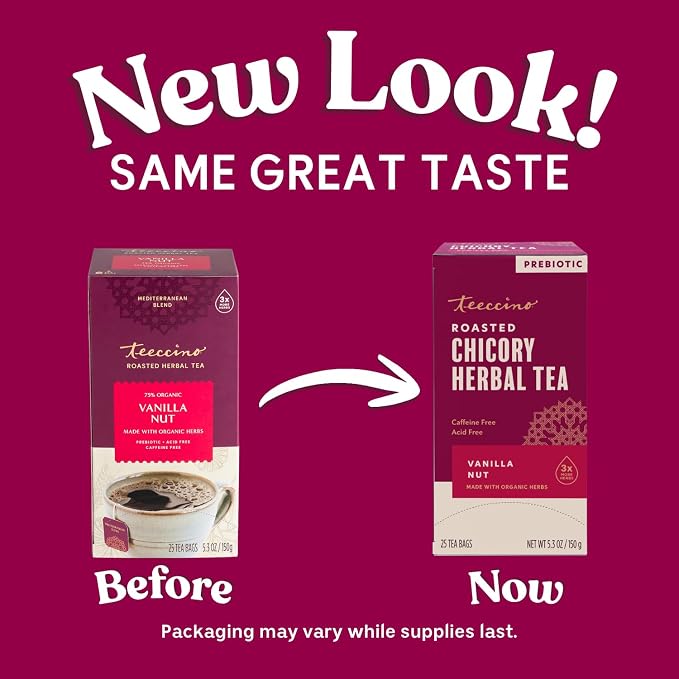 Teeccino Vanilla Nut Herbal Tea, 25 Tea Bags - Rich & Roasted Herbal Tea That’s Caffeine Free & Prebiotic for Natural Energy, 3X more Herbs, Acid Free, Great Hot or Iced