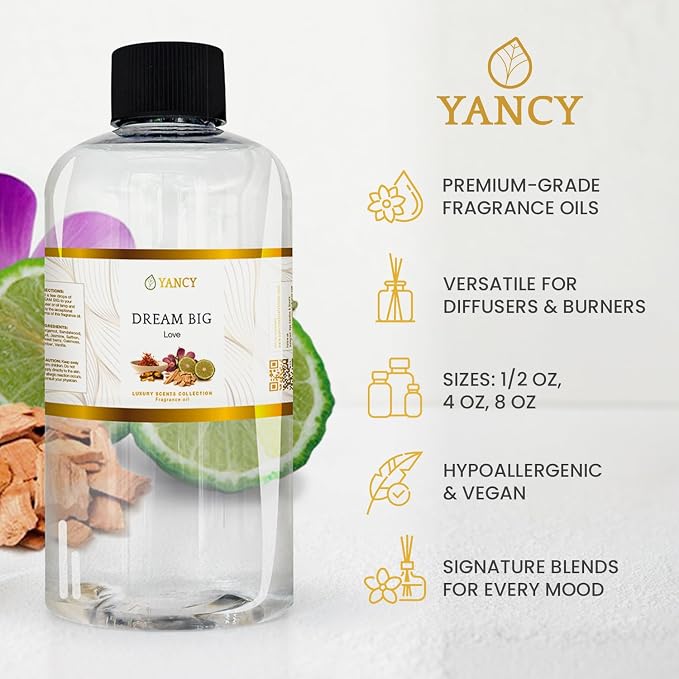 YANCY Dream Big Luxury Collection Fragrance Oil (1/2 oz), Sweet Fruity Scent, Inspiring Aroma for Diffusers, Oil Burners & Aroma Lamps, Boosts Motivation and Enhances Workspace Energy