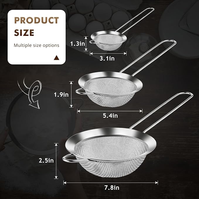NileHome 3 Piece Mesh Strainers, Stainless Steel Strainer for Sifting, Straining, Cooking Kitchen Strainers Fine Mesh for Flour, Pasta, Loose Tea, Fruit, and Rice, Silver（3.1"+5.4"+7.8")
