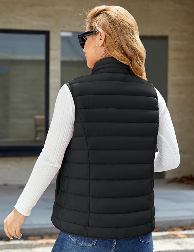MAGCOMSEN Women's Puffer Vest Lightweight Stand Collar Zip 4 Pockets Puffy Vests Sleeveless Quilted Padded Outerwear