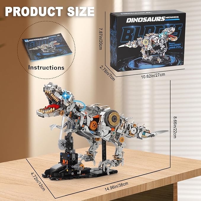 Mechanical Dinosaur Building Blocks Linkage Kit, Jurassic Animal Tyrannosaurus Rex Model with Lighting & Display Stand, STEM Toy DIY Desktop Ornament for Kids Ages 12+, Birthday Gift Idea