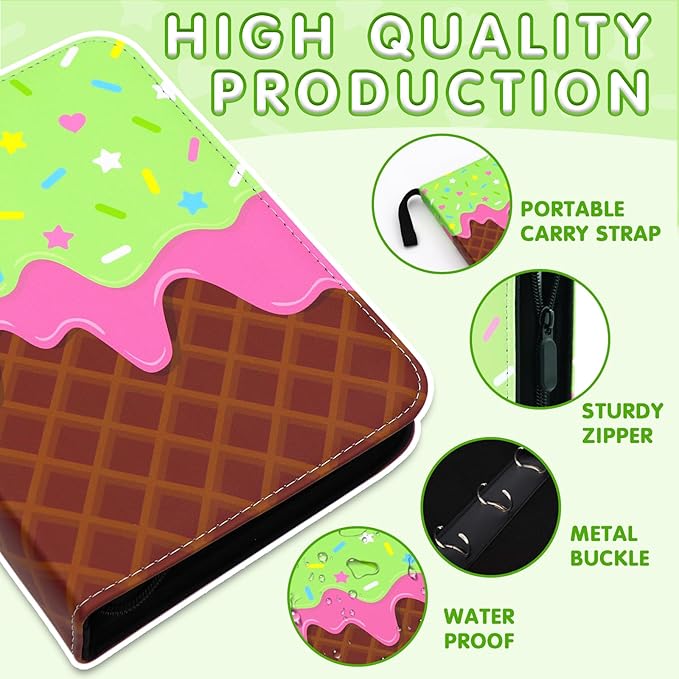Cute Ice Cream Cake Card Binder for Girls, 400 Pocket Card Album Gifts, Ice Cream Donut Trading Game Card Holder Album for Standard Size Cards, Collectible Game Collection Case (Green)